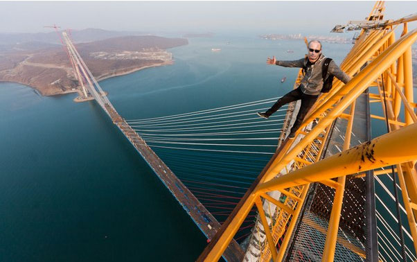 Russian President Vladimir Putin on the APEC Vladivostok Bridge to Russky Island