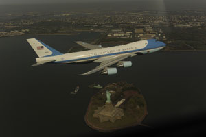 Air Force One flying over the Statue of Liberty in New York City