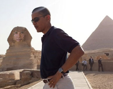 President Obama tries to stay humble in the shadow of the new Egyptian Obama Sphinx