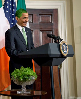 Obama with green hair on St Patricks day with his shamrock salad