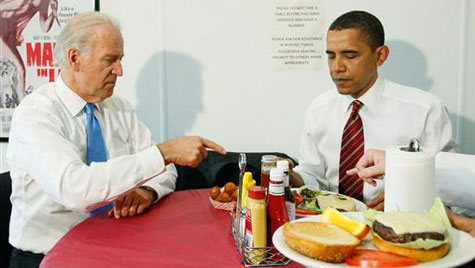 Obama and Biden eat cheeseburgers