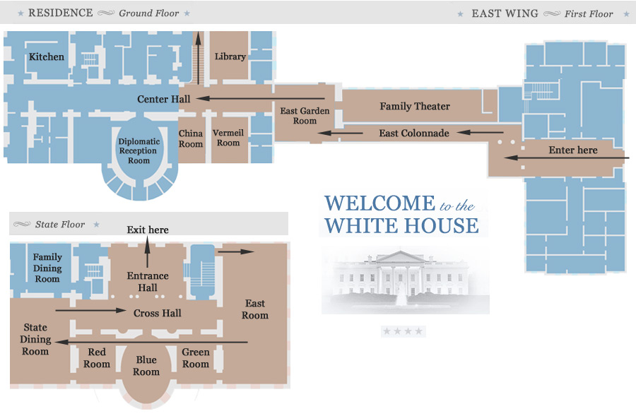 Official White House tour map - East Wing Lobby, East Garden Room, East Colonnade, Family Movie Theater, Library, Vermeil Room, China Room, Center Hall, East Room, Red Room, Blue Room, Green Room, 
	State Dining Room, Old Family Dining Room, Croos Hall, Entrance Hall, North Portico