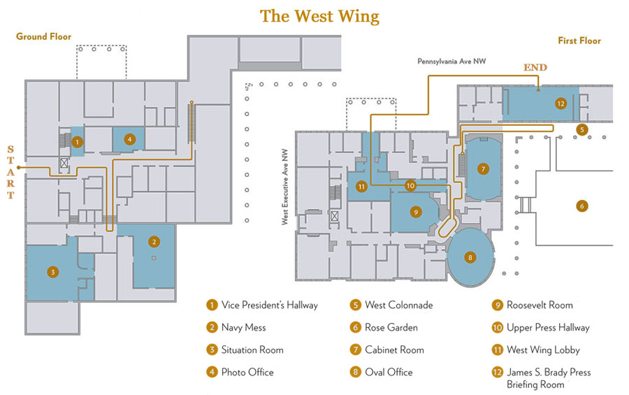 White House West Wing map - White House Mess, Situation Room, Rose Garden, Oval Office, Cabinet Room, Roosevelt Room, West Wing Lobby, Press briefing room