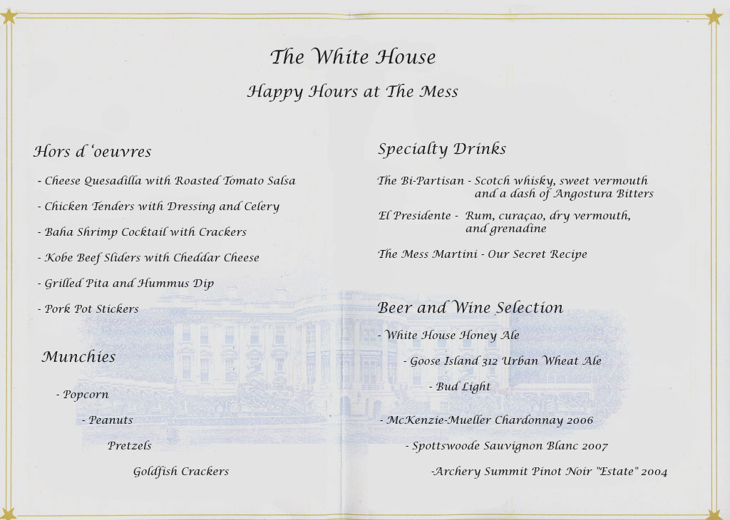 White House Mess menu - Happy Hours